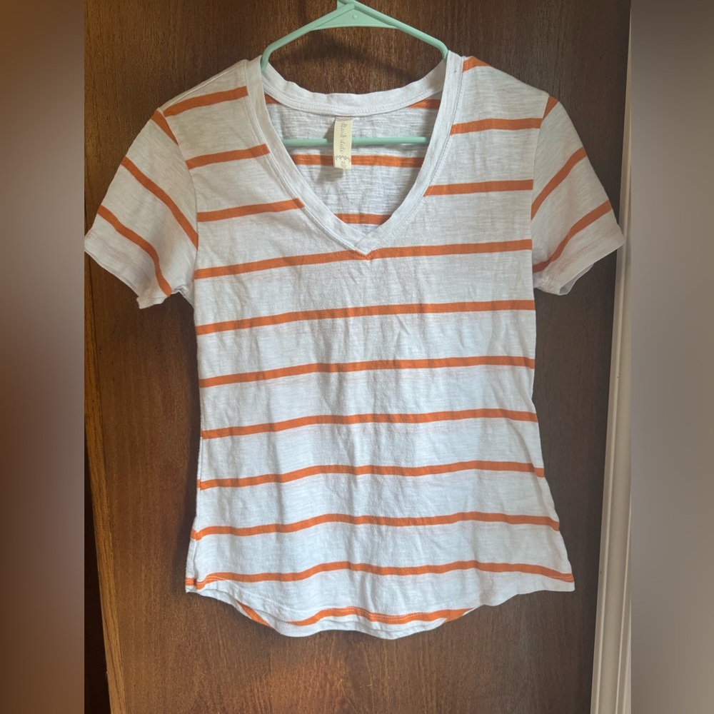 Altar'd State White V-Neck Tee with Orange Stripes